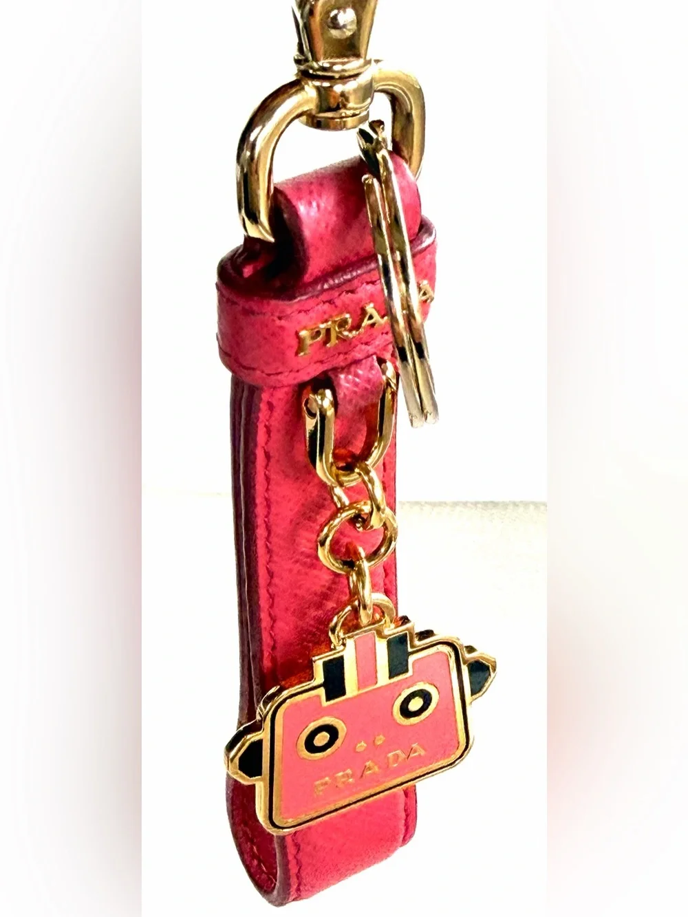 PRADA Pink Saffiano Leather Robot Trick Keychain Bag Charm + Box